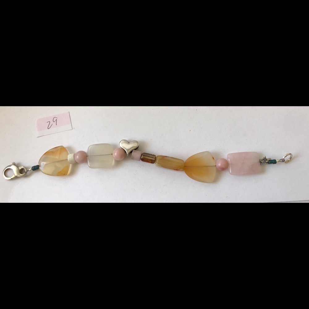 Polished Stone bracelet tan/pink w heart  (#29)